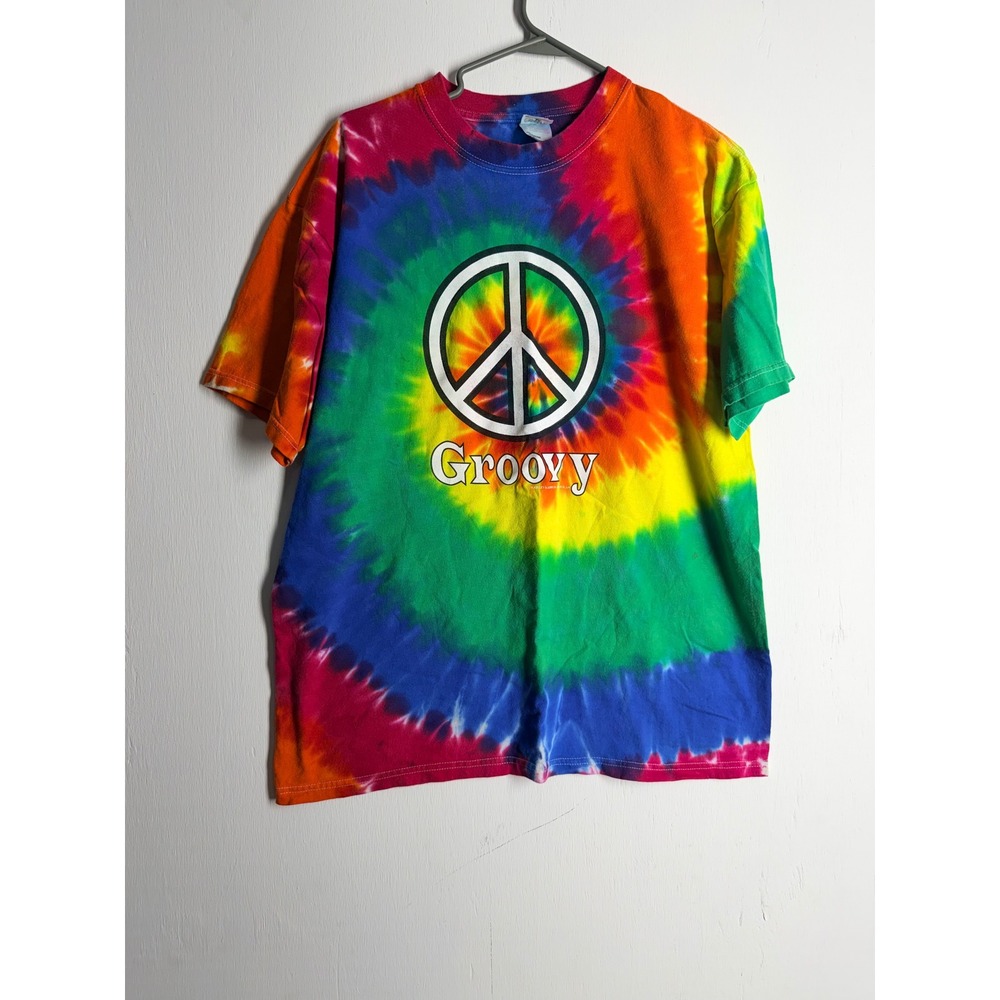 Vintage Anvil Tie Dye Peace Sign Groovy Shirt Large Rainbow Hippie Festival Tee